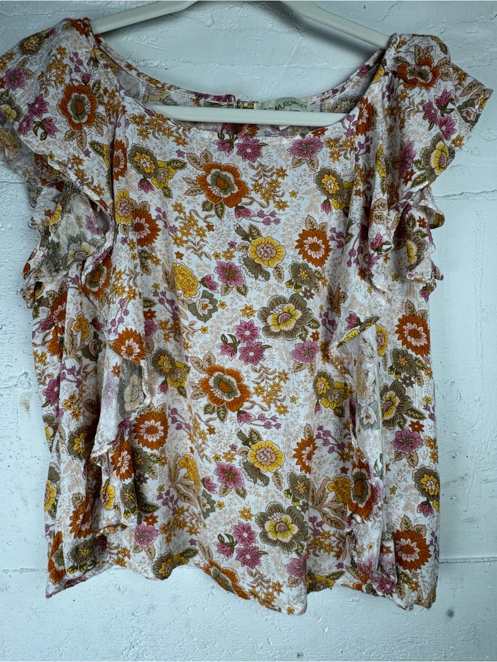 CYNTHIA ROWLEY‎ Floral Blouse Top Size S  Ruffle Sleeve Flutter Sleeveless